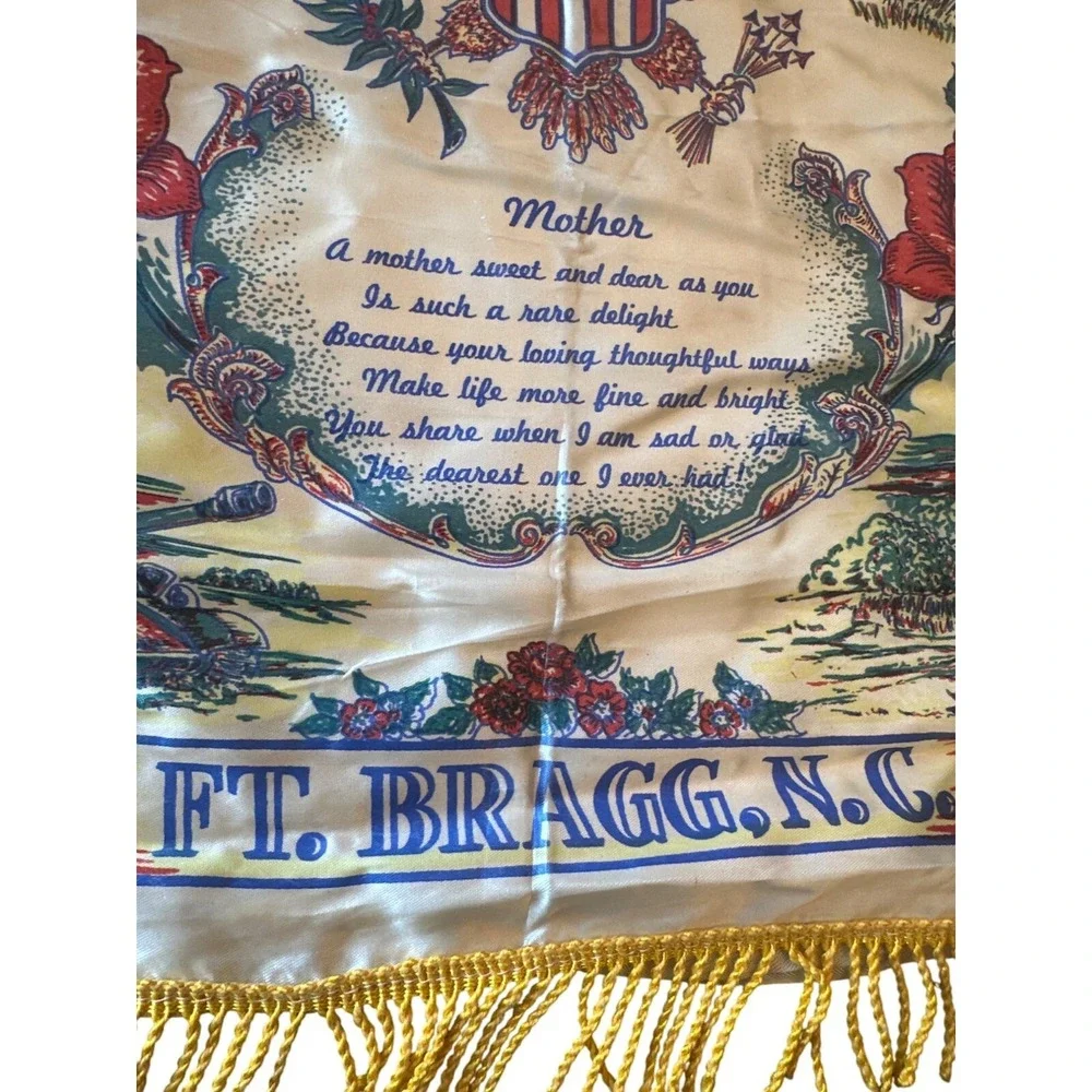 Vintage U.S. Army Ft. Bragg N.C. Mother Tribute Pillow Cover With Yellow Fringe